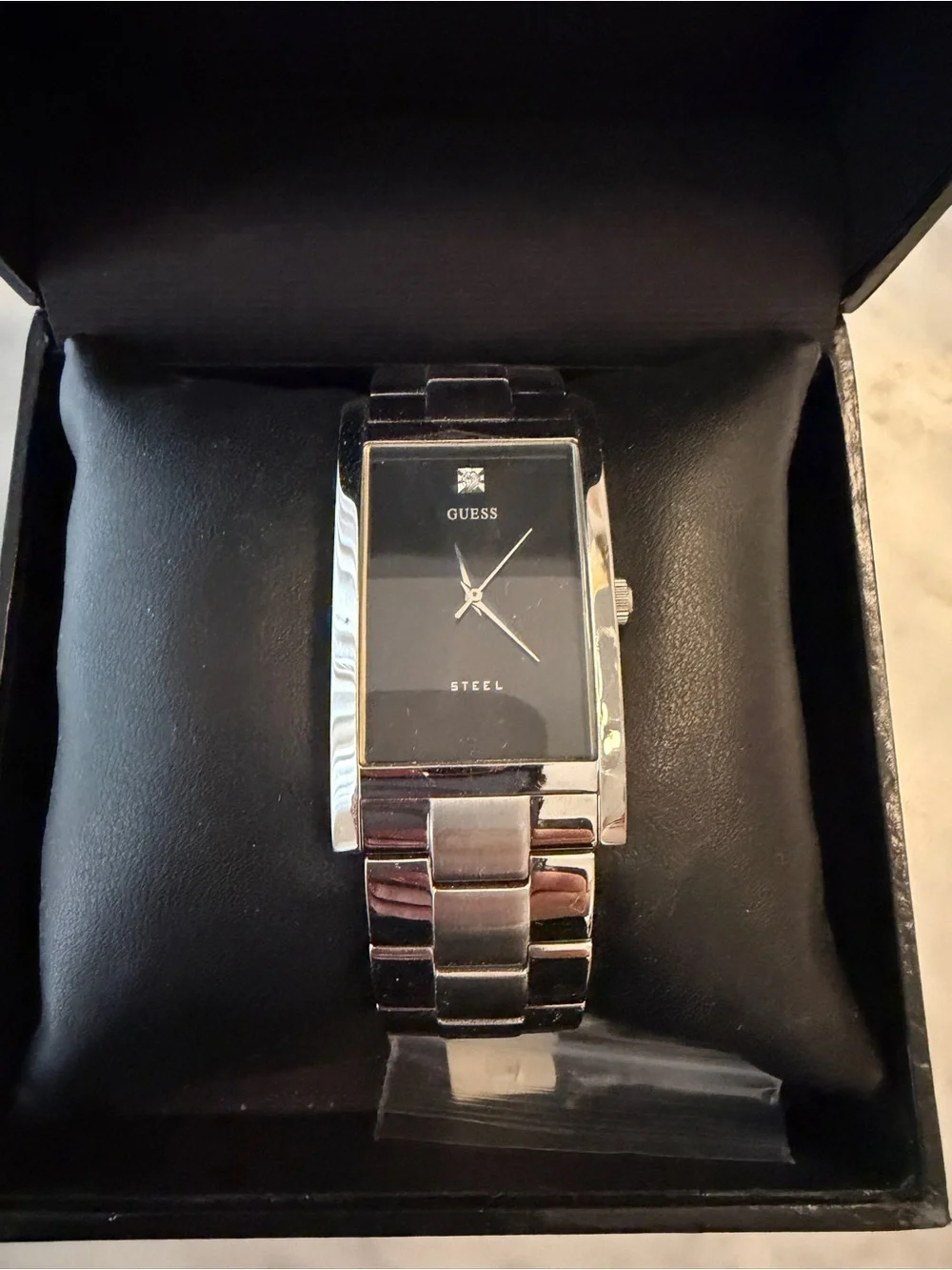 GUESS Silver Stainless Steel Men's Rectangular Black Dial Watch